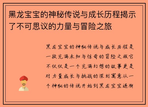 黑龙宝宝的神秘传说与成长历程揭示了不可思议的力量与冒险之旅